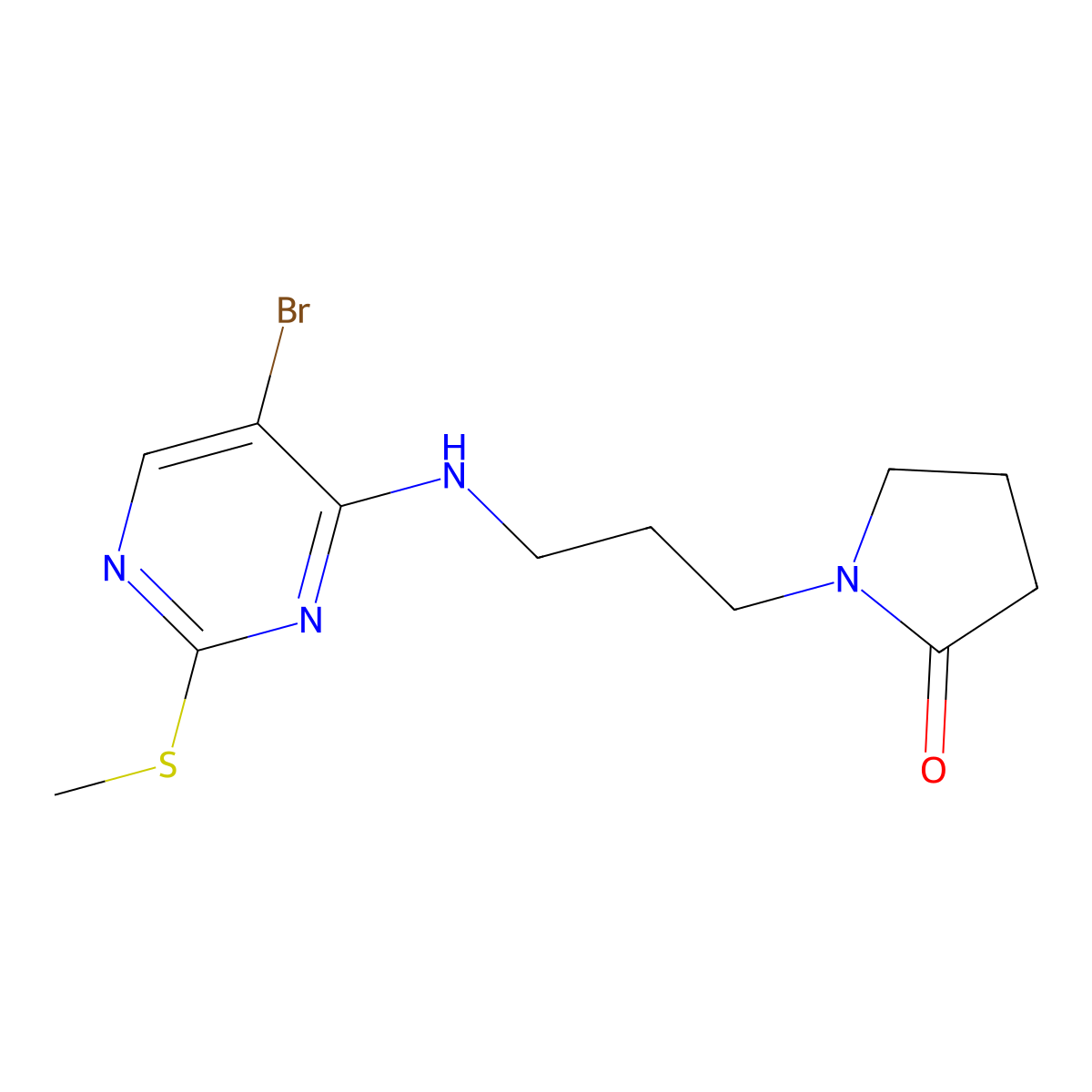 1-(3-{[5-Bromo-2-(methylsulfanyl)pyrimidin-4-yl]amino}propyl)pyrrolidin-2-one molecular structure, CAS 3054572-99-2