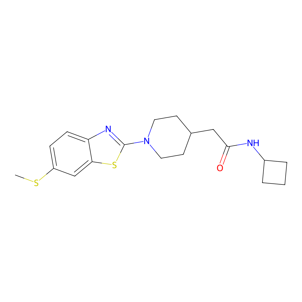 N-cyclobutyl-2-{1-[6-(methylsulfanyl)-1,3-benzothiazol-2-yl]piperidin-4-yl}acetamide molecular structure, CAS 3054573-02-0