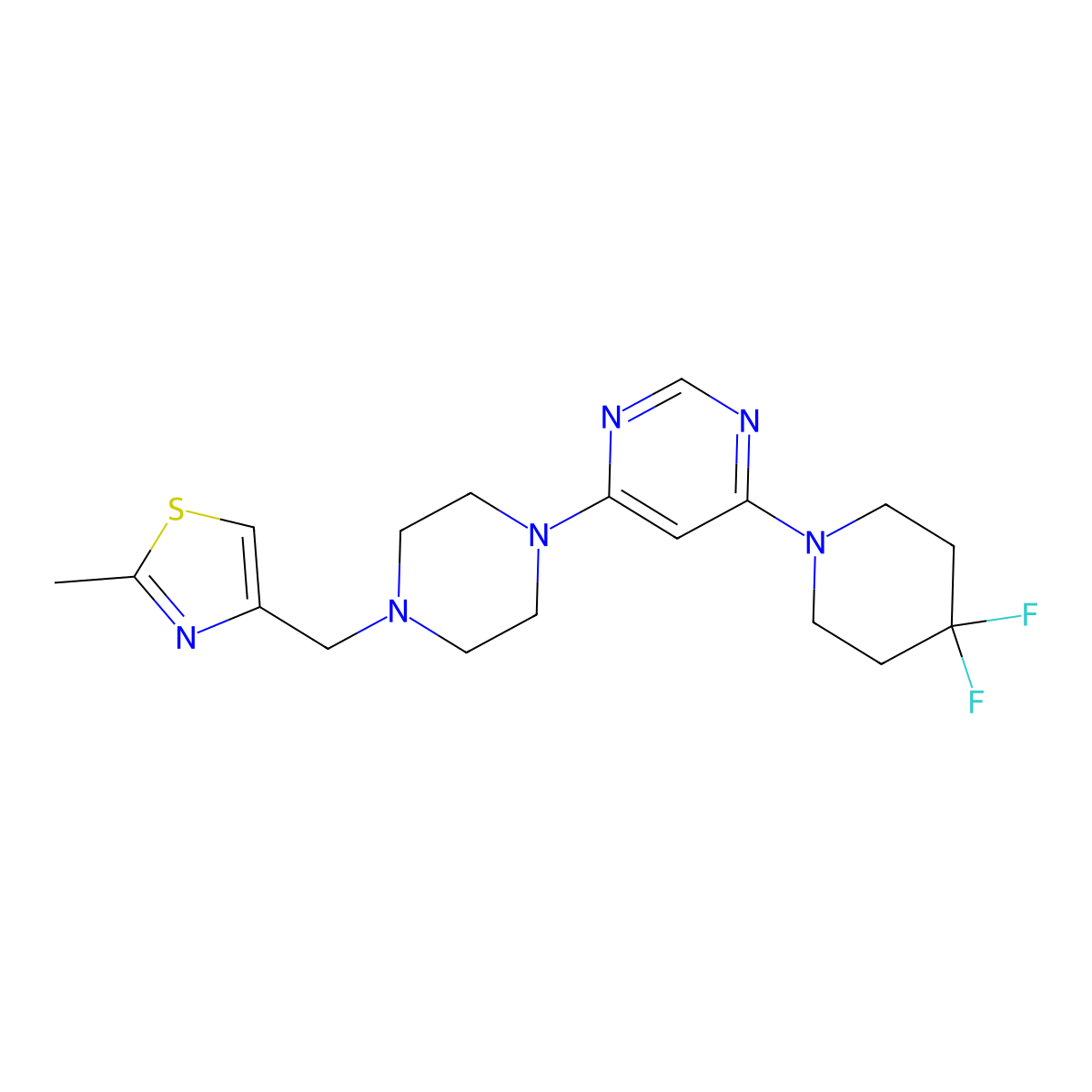 4-(4,4-Difluoropiperidin-1-yl)-6-{4-[(2-methyl-1,3-thiazol-4-yl)methyl]piperazin-1-yl}pyrimidine molecular structure, CAS 3054573-03-1