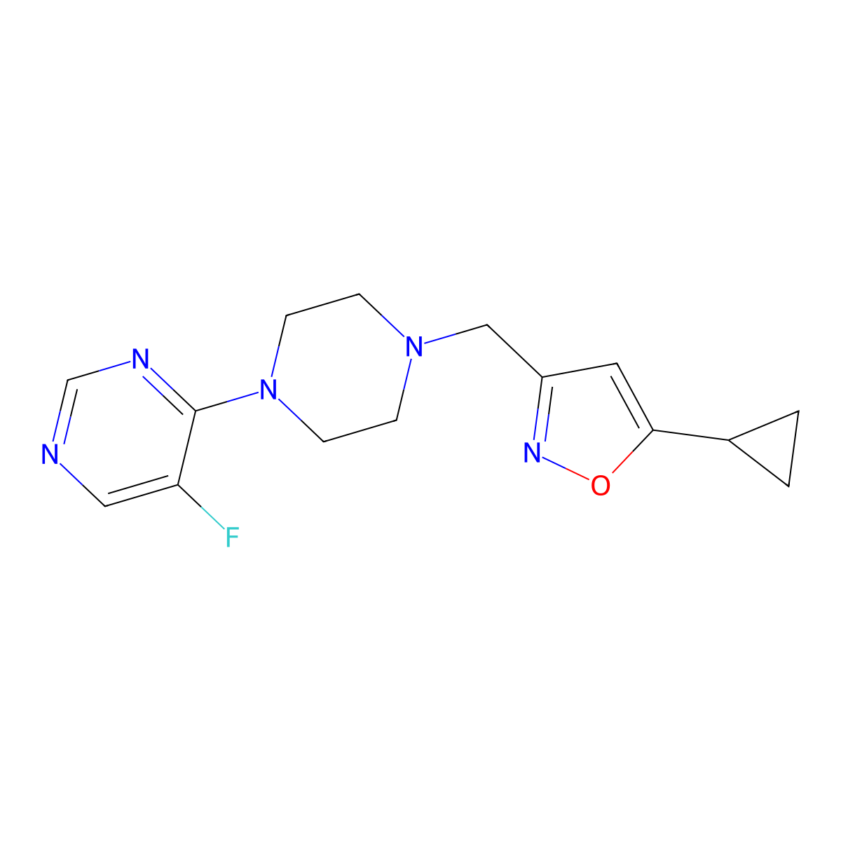 4-{4-[(5-Cyclopropyl-1,2-oxazol-3-yl)methyl]piperazin-1-yl}-5-fluoropyrimidine molecular structure, CAS 3054573-15-5