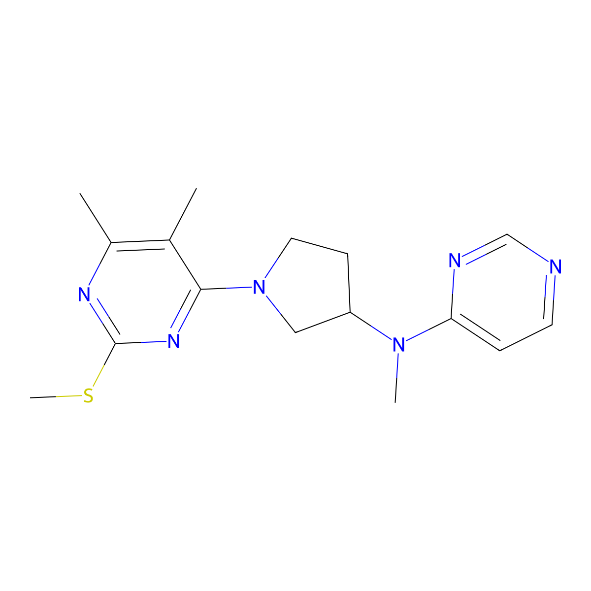 N-[1-(5,6-dimethyl-2-methylsulfanylpyrimidin-4-yl)pyrrolidin-3-yl]-N-methylpyrimidin-4-amine molecular structure, CAS 3054573-16-6