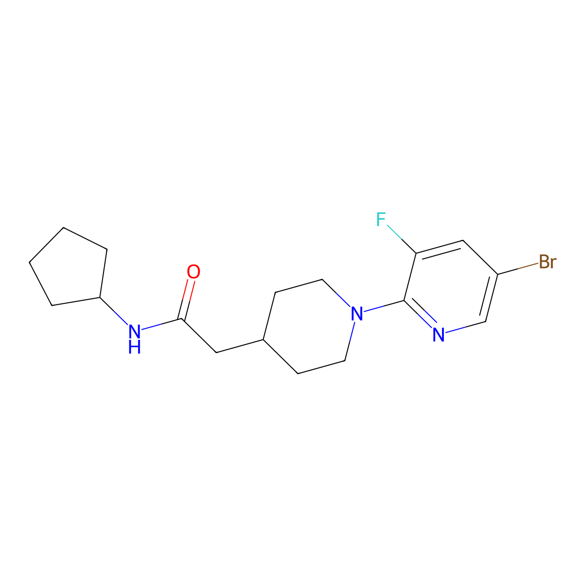 2-[1-(5-bromo-3-fluoropyridin-2-yl)piperidin-4-yl]-N-cyclopentylacetamide molecular structure, CAS 3054573-37-1