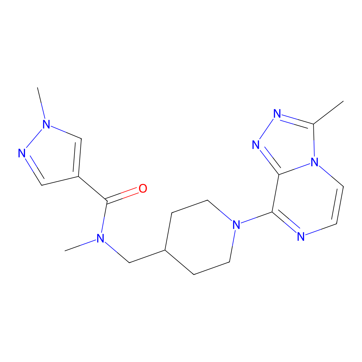 N,1-dimethyl-N-[(1-{3-methyl-[1,2,4]triazolo[4,3-a]pyrazin-8-yl}piperidin-4-yl)methyl]-1H-pyrazole-4-carboxamide molecular structure, CAS 3054573-39-3