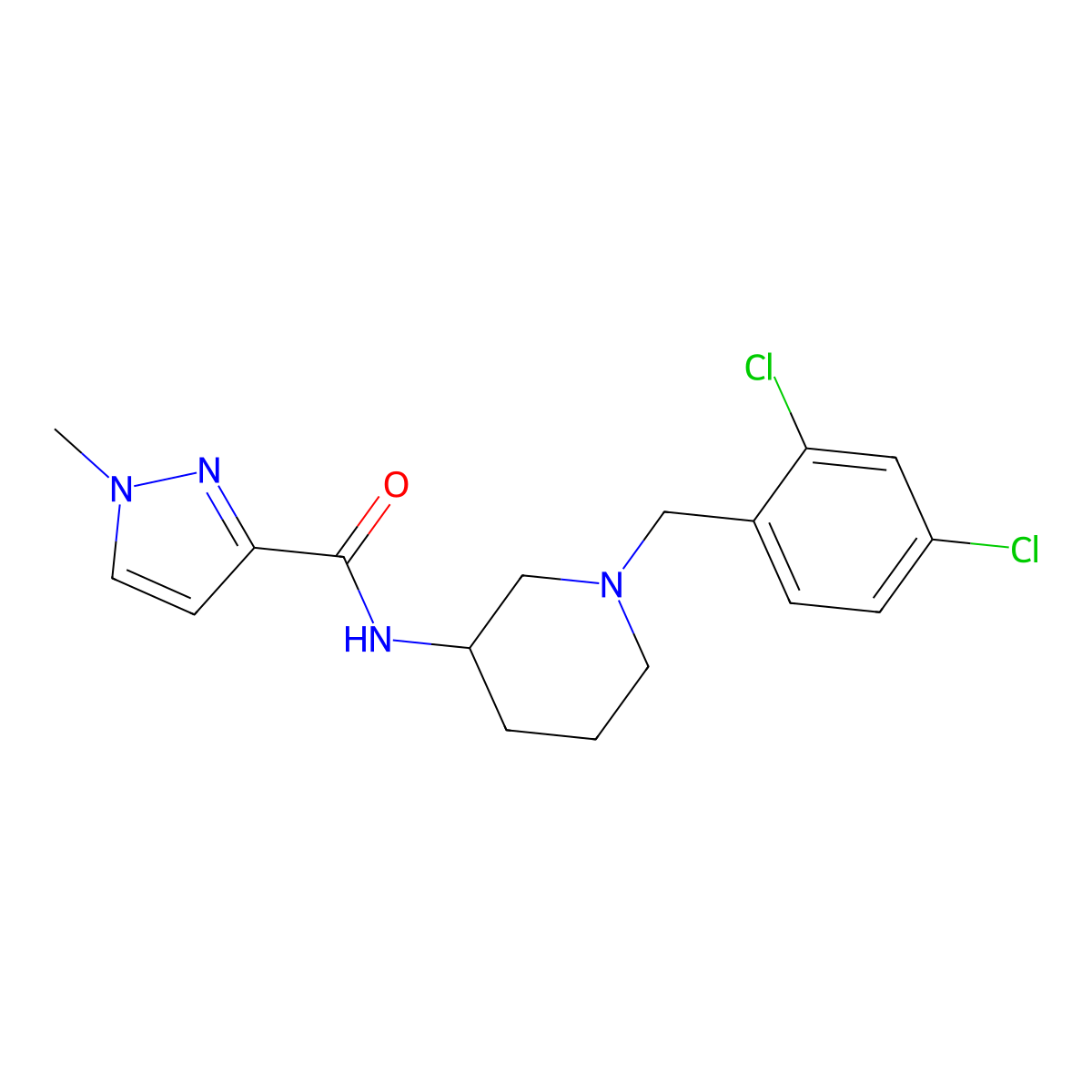 N-{1-[(2,4-dichlorophenyl)methyl]piperidin-3-yl}-1-methyl-1H-pyrazole-3-carboxamide molecular structure, CAS 3054573-41-7