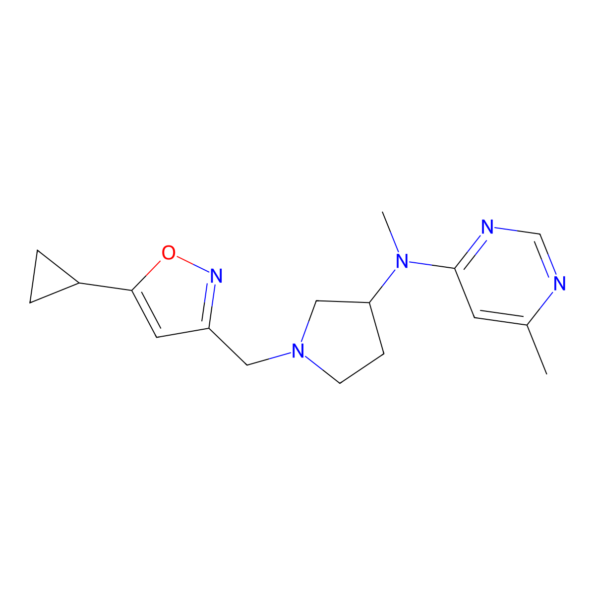 N-{1-[(5-cyclopropyl-1,2-oxazol-3-yl)methyl]pyrrolidin-3-yl}-N,6-dimethylpyrimidin-4-amine molecular structure, CAS 3054573-42-8
