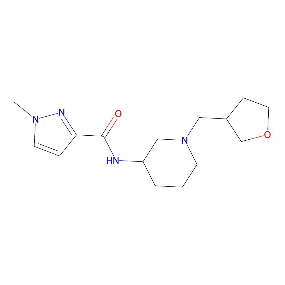 1-methyl-N-{1-[(oxolan-3-yl)methyl]piperidin-3-yl}-1H-pyrazole-3-carboxamide molecular structure, CAS 3054573-44-0