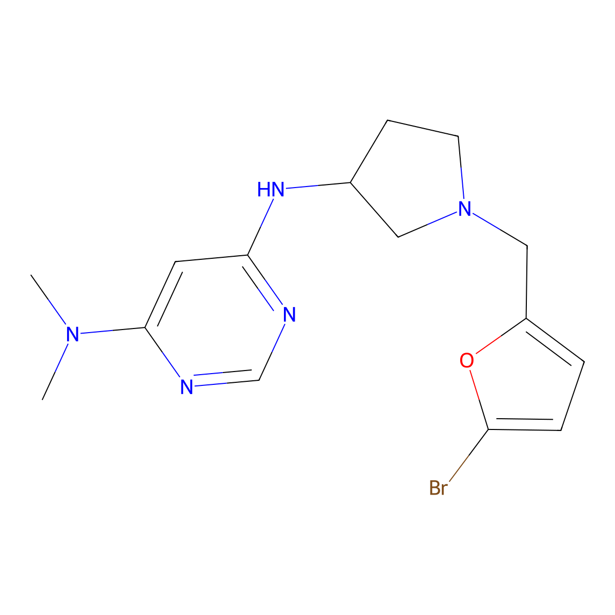 N6-{1-[(5-bromofuran-2-yl)methyl]pyrrolidin-3-yl}-N4,N4-dimethylpyrimidine-4,6-diamine molecular structure, CAS 3054573-54-2