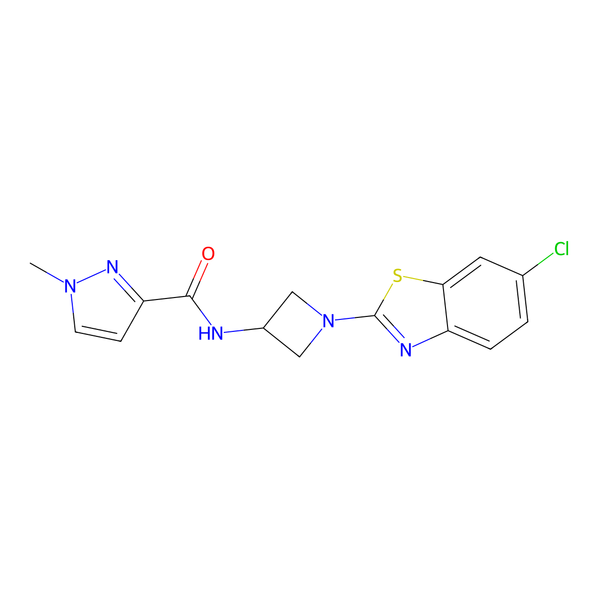 N-[1-(6-chloro-1,3-benzothiazol-2-yl)azetidin-3-yl]-1-methyl-1H-pyrazole-3-carboxamide molecular structure, CAS 3054573-55-3