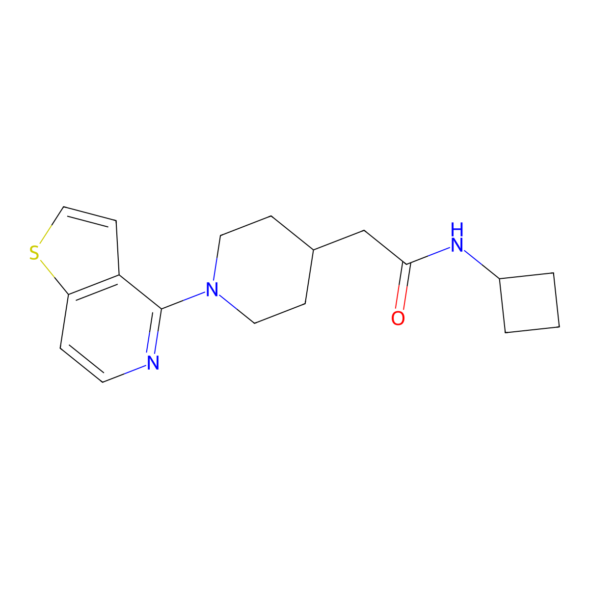 N-cyclobutyl-2-(1-{thieno[3,2-c]pyridin-4-yl}piperidin-4-yl)acetamide molecular structure, CAS 3054573-56-4