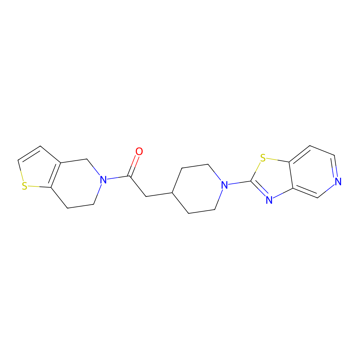 2-(1-{[1,3]thiazolo[4,5-c]pyridin-2-yl}piperidin-4-yl)-1-{4H,5H,6H,7H-thieno[3,2-c]pyridin-5-yl}ethan-1-one molecular structure, CAS 3054573-60-0