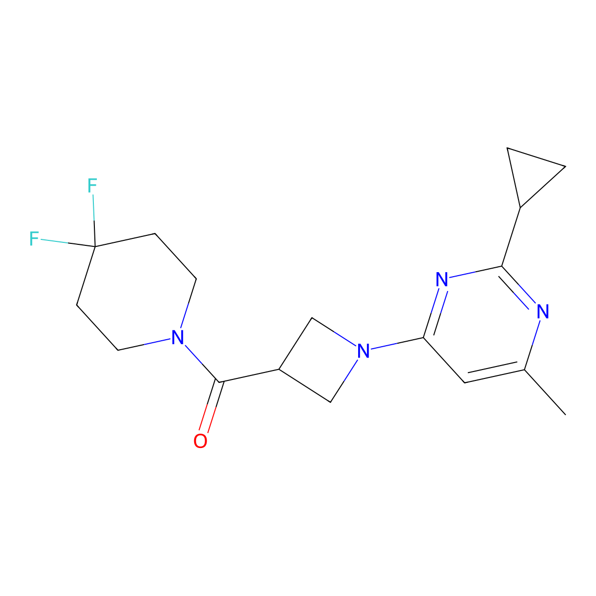 2-Cyclopropyl-4-[3-(4,4-difluoropiperidine-1-carbonyl)azetidin-1-yl]-6-methylpyrimidine molecular structure, CAS 3054573-62-2