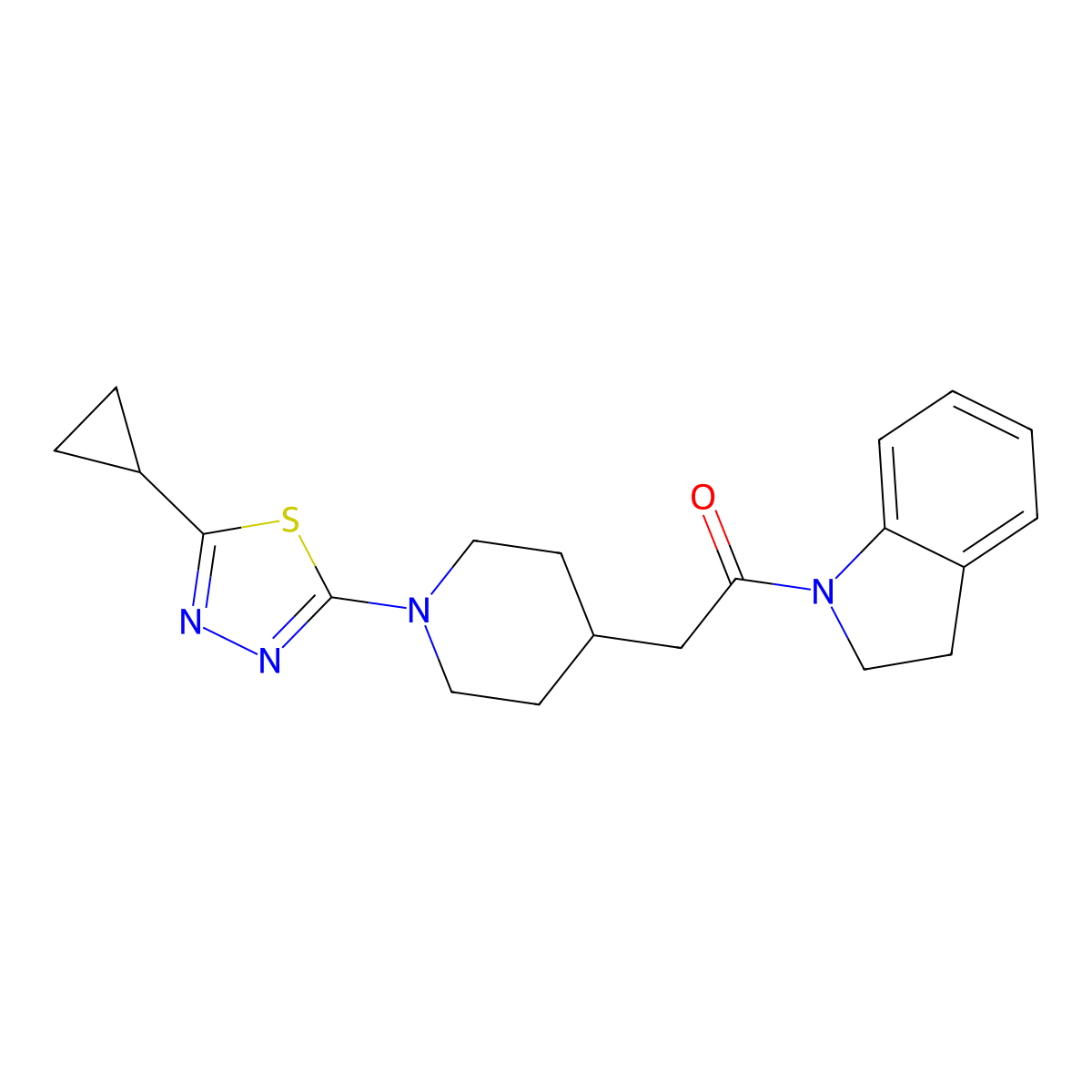 2-[1-(5-cyclopropyl-1,3,4-thiadiazol-2-yl)piperidin-4-yl]-1-(2,3-dihydro-1H-indol-1-yl)ethan-1-one molecular structure, CAS 3054573-63-3