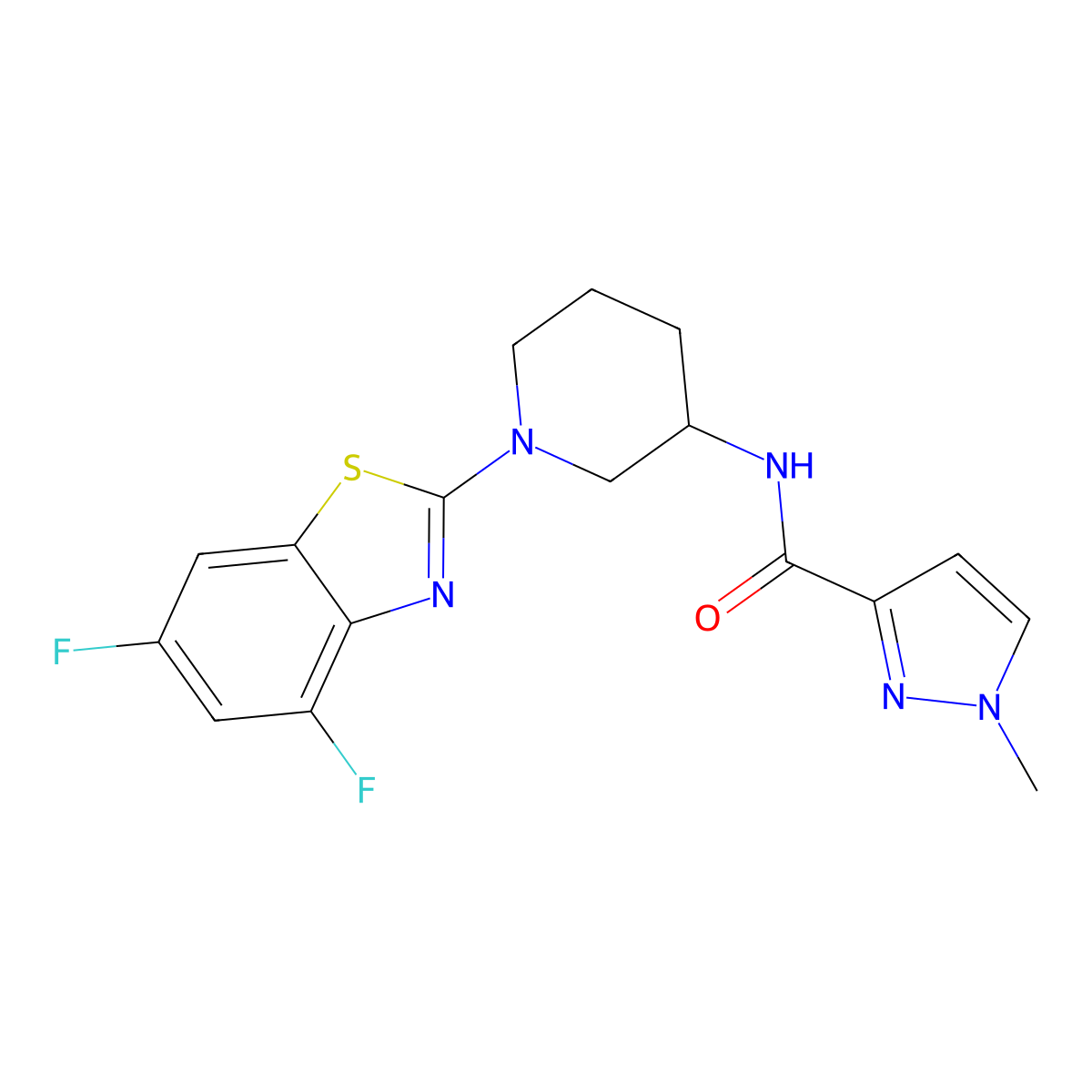 N-[1-(4,6-difluoro-1,3-benzothiazol-2-yl)piperidin-3-yl]-1-methyl-1H-pyrazole-3-carboxamide molecular structure, CAS 3054573-75-7