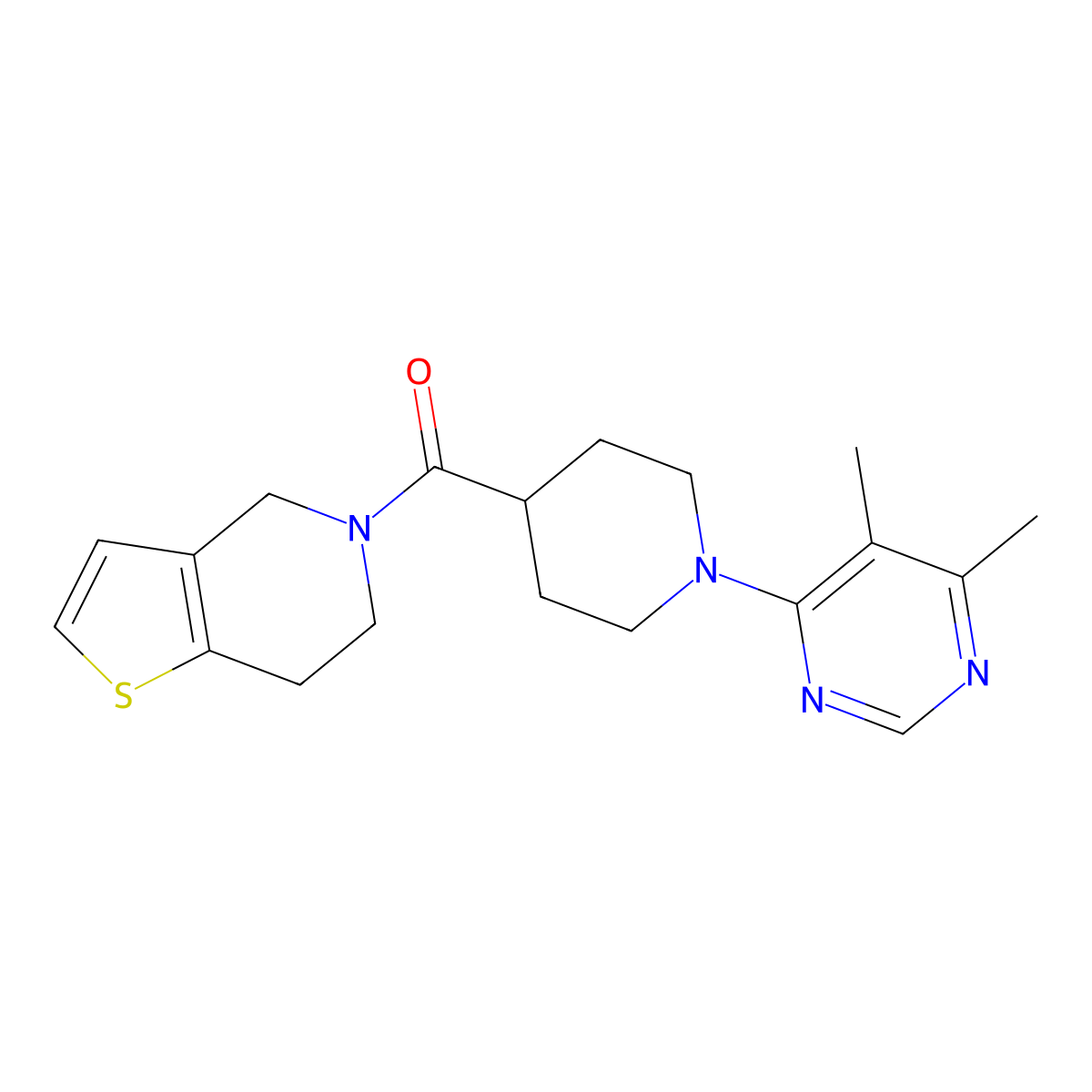 4,5-dimethyl-6-(4-{4H,5H,6H,7H-thieno[3,2-c]pyridine-5-carbonyl}piperidin-1-yl)pyrimidine molecular structure, CAS 3054573-78-0