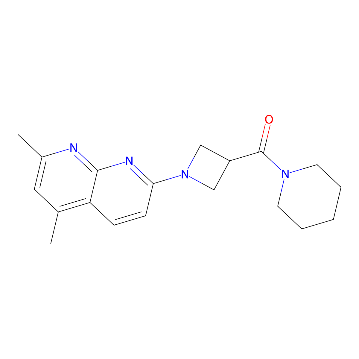 2,4-Dimethyl-7-[3-(piperidine-1-carbonyl)azetidin-1-yl]-1,8-naphthyridine molecular structure, CAS 3054573-84-8
