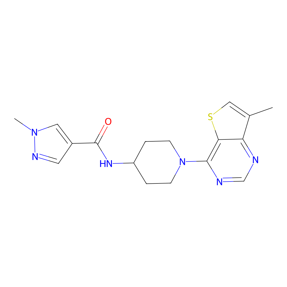 1-methyl-N-(1-{7-methylthieno[3,2-d]pyrimidin-4-yl}piperidin-4-yl)-1H-pyrazole-4-carboxamide molecular structure, CAS 3054573-86-0