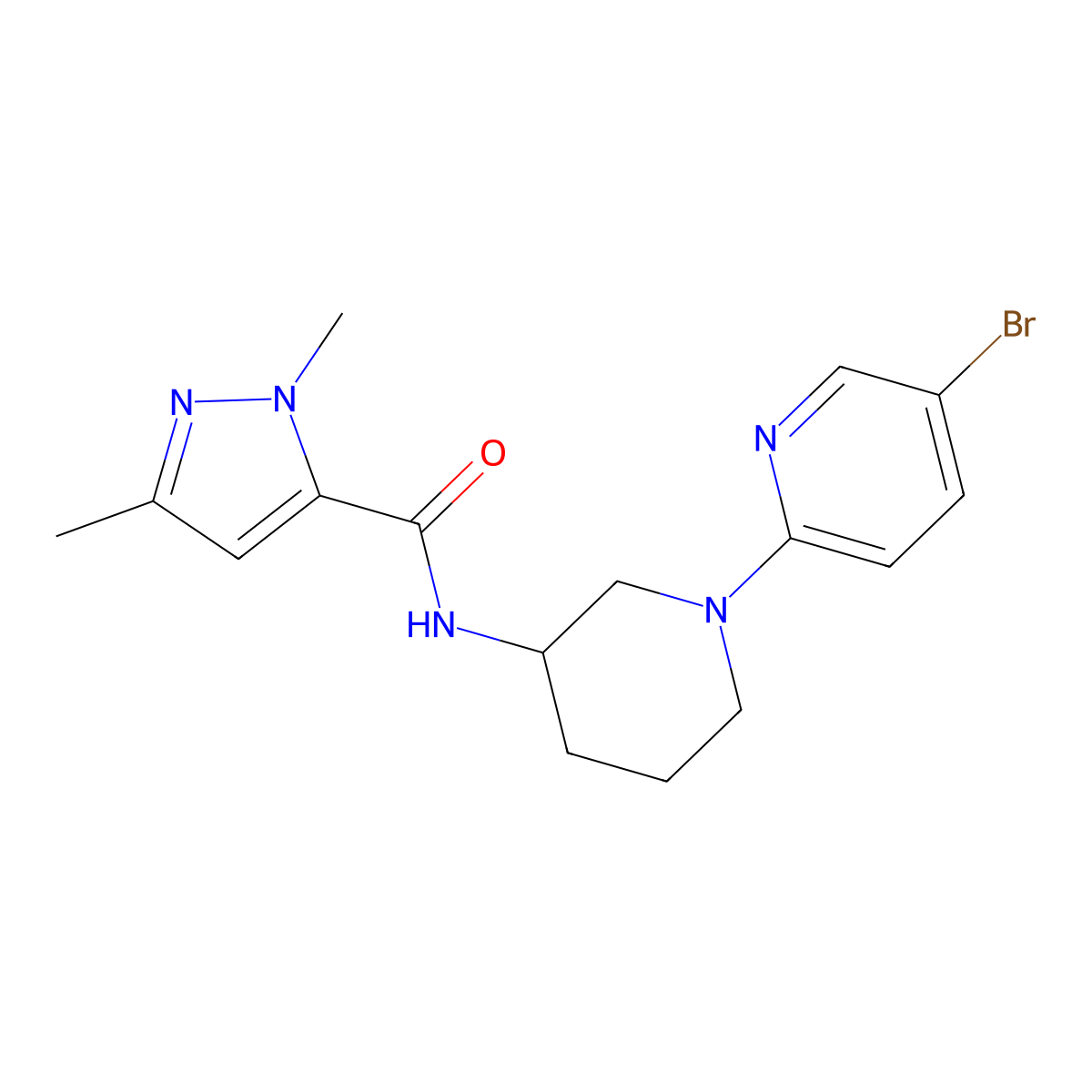 N-[1-(5-bromopyridin-2-yl)piperidin-3-yl]-1,3-dimethyl-1H-pyrazole-5-carboxamide molecular structure, CAS 3054573-93-9