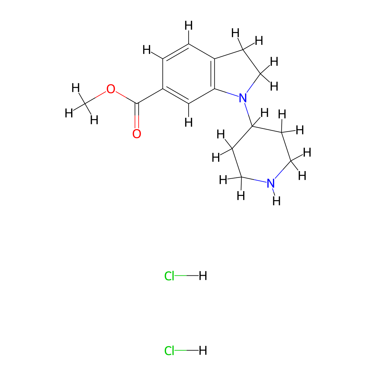 methyl 1-(piperidin-4-yl)-2,3-dihydro-1H-indole-6-carboxylate dihydrochloride molecular structure, CAS 3054573-97-3