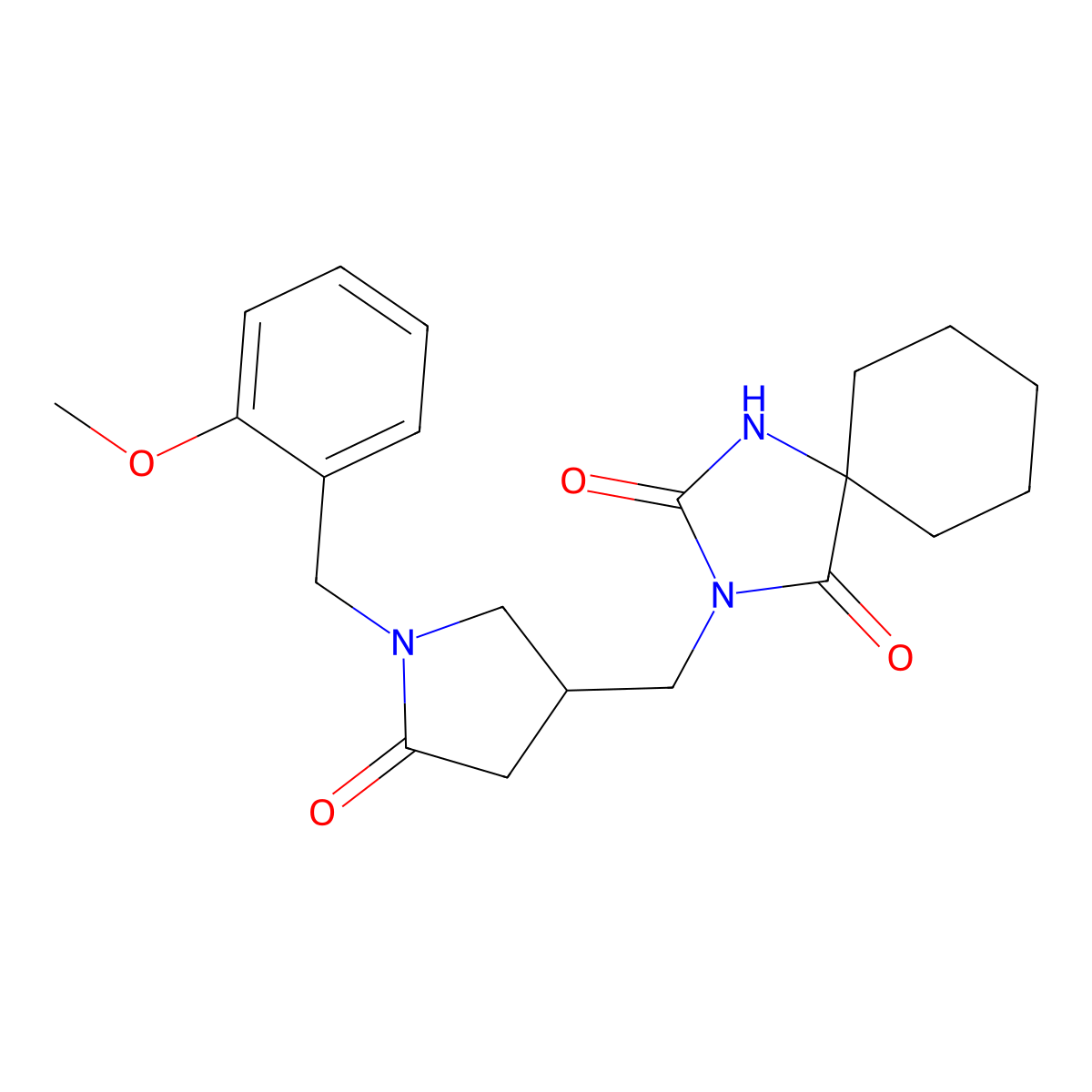 3-({1-[(2-Methoxyphenyl)methyl]-5-oxopyrrolidin-3-yl}methyl)-1,3-diazaspiro[4.5]decane-2,4-dione molecular structure, CAS 3054573-98-4
