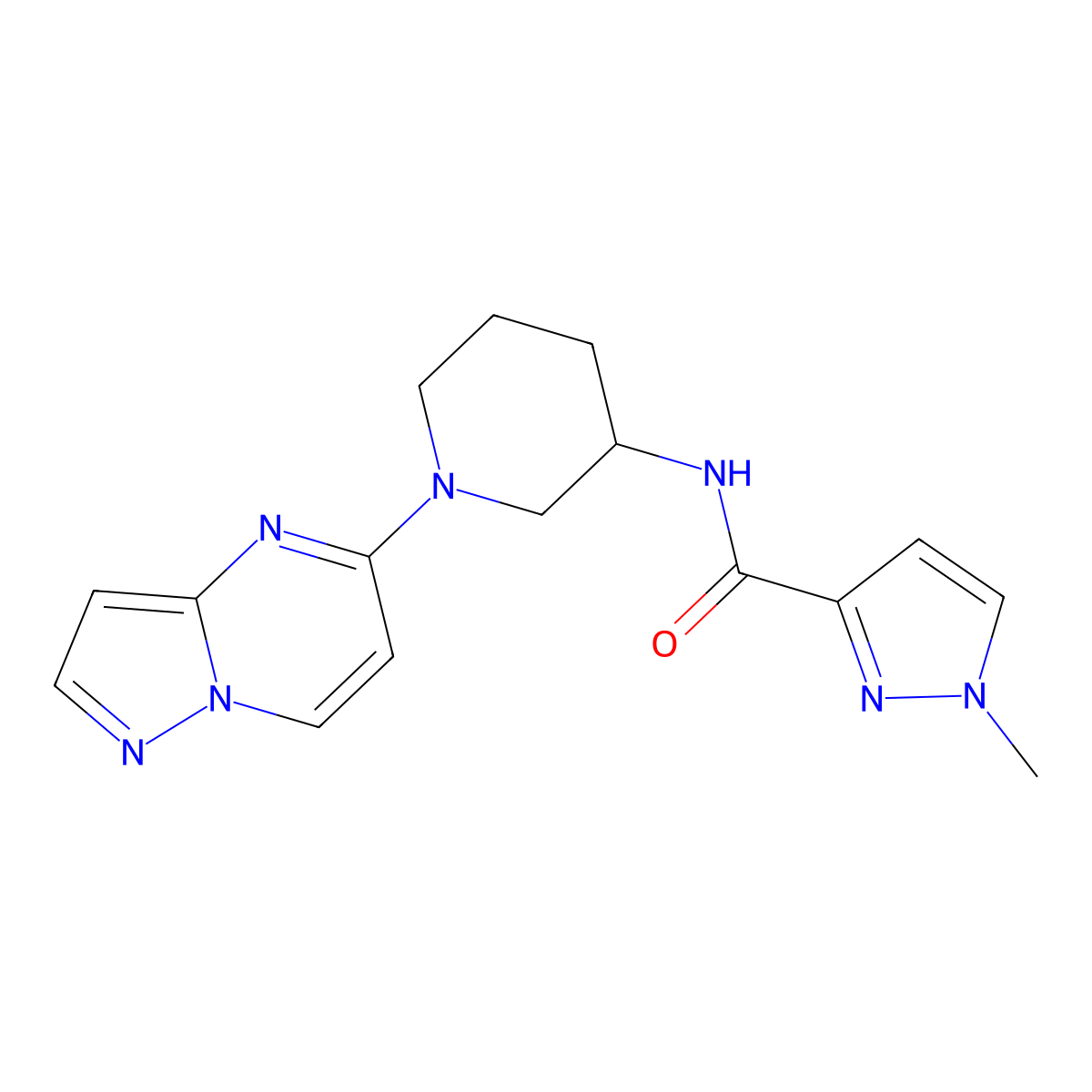 1-methyl-N-(1-{pyrazolo[1,5-a]pyrimidin-5-yl}piperidin-3-yl)-1H-pyrazole-3-carboxamide molecular structure, CAS 3054573-99-5