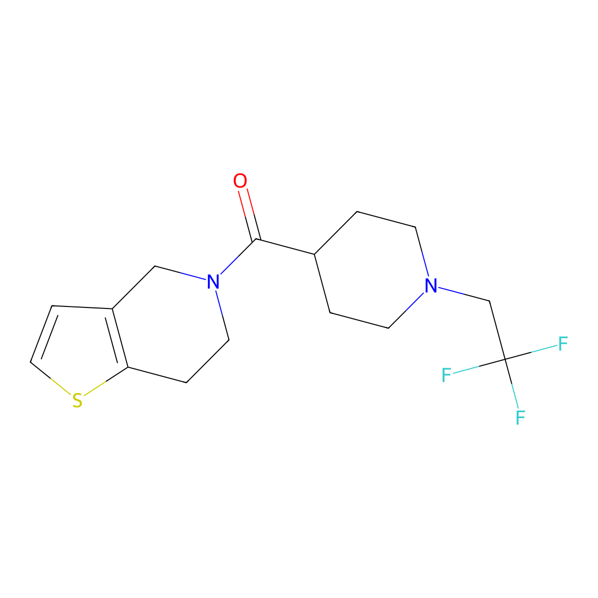 4-{4H,5H,6H,7H-thieno[3,2-c]pyridine-5-carbonyl}-1-(2,2,2-trifluoroethyl)piperidine molecular structure, CAS 3054574-01-2