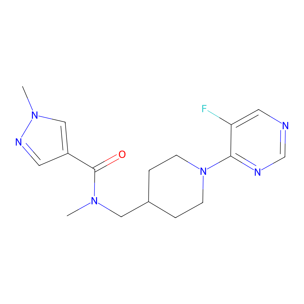 N-{[1-(5-fluoropyrimidin-4-yl)piperidin-4-yl]methyl}-N,1-dimethyl-1H-pyrazole-4-carboxamide molecular structure, CAS 3054574-03-4