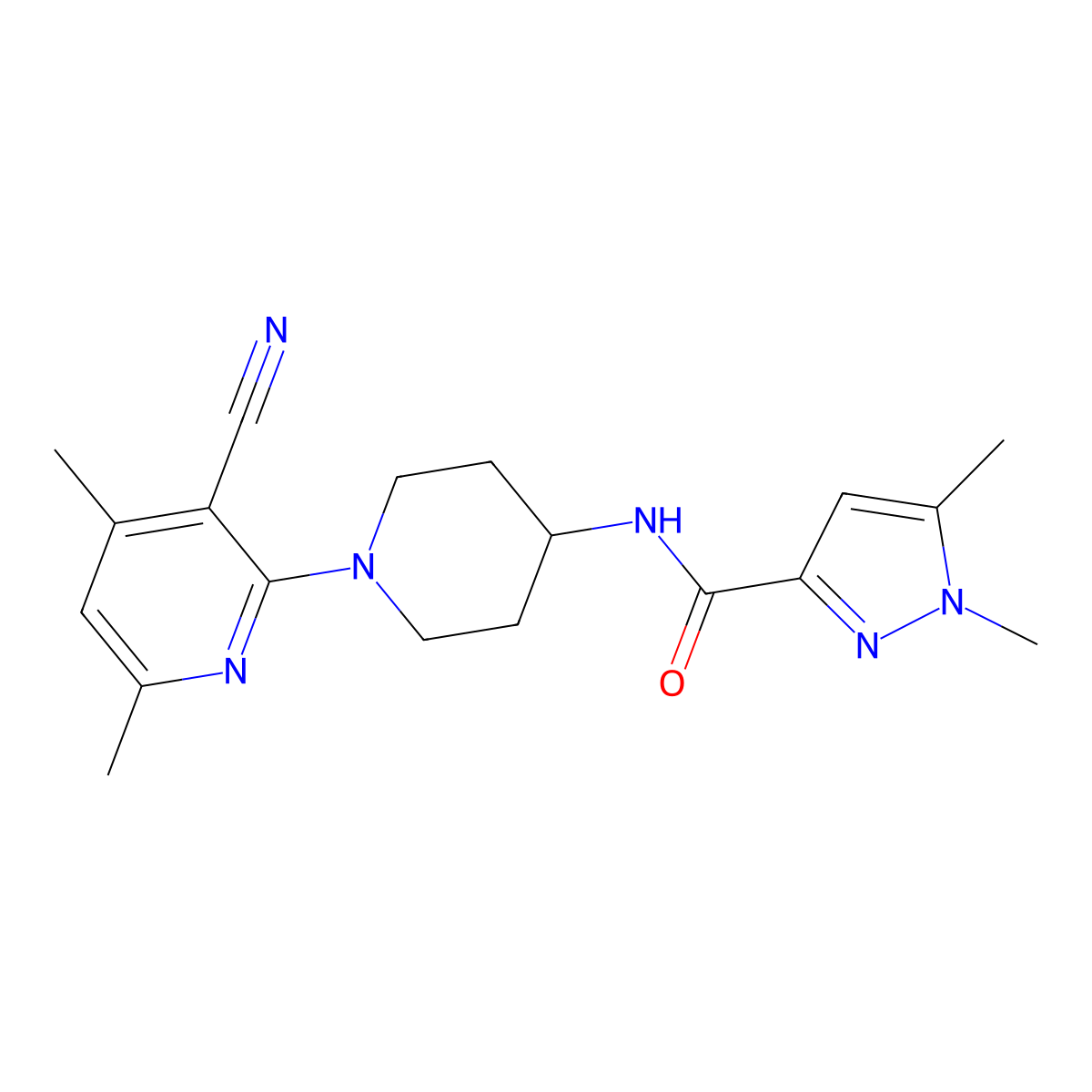 N-[1-(3-cyano-4,6-dimethylpyridin-2-yl)piperidin-4-yl]-1,5-dimethyl-1H-pyrazole-3-carboxamide molecular structure, CAS 3054574-04-5