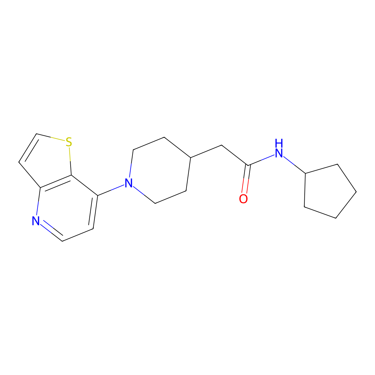 N-cyclopentyl-2-(1-{thieno[3,2-b]pyridin-7-yl}piperidin-4-yl)acetamide molecular structure, CAS 3054574-09-0