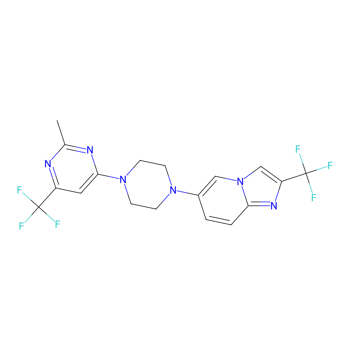 2-Methyl-4-(trifluoromethyl)-6-{4-[2-(trifluoromethyl)imidazo[1,2-a]pyridin-6-yl]piperazin-1-yl}pyrimidine molecular structure, CAS 3054574-11-4