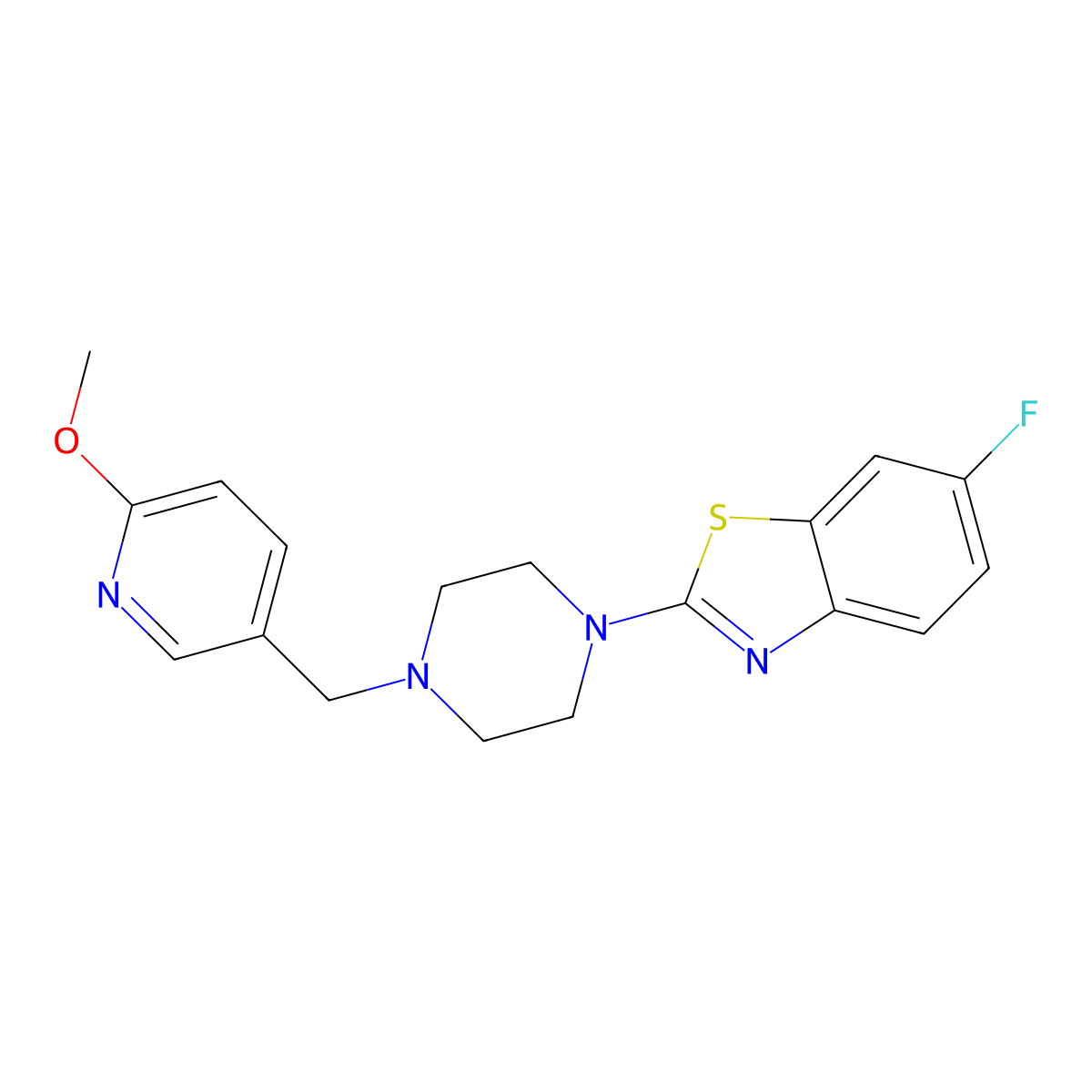 6-Fluoro-2-{4-[(6-methoxypyridin-3-yl)methyl]piperazin-1-yl}-1,3-benzothiazole molecular structure, CAS 3054574-12-5