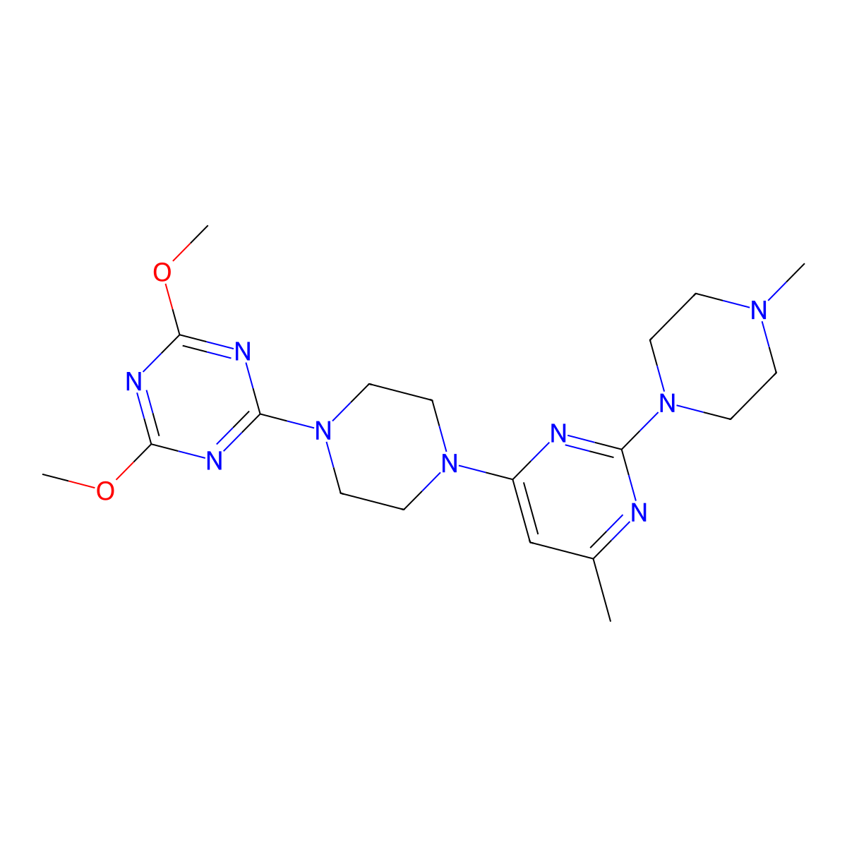 2,4-Dimethoxy-6-{4-[6-methyl-2-(4-methylpiperazin-1-yl)pyrimidin-4-yl]piperazin-1-yl}-1,3,5-triazine molecular structure, CAS 3054574-13-6
