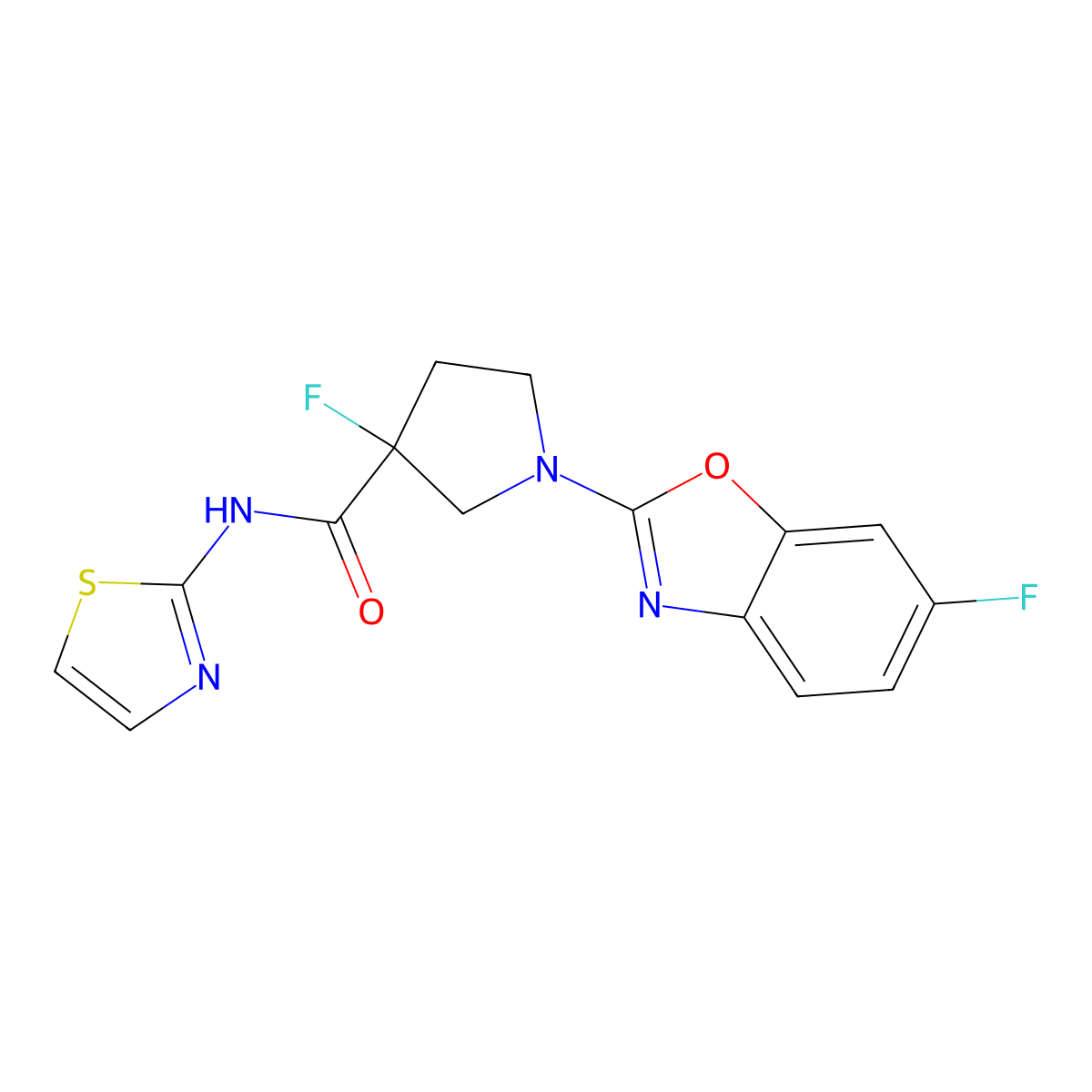 3-fluoro-1-(6-fluoro-1,3-benzoxazol-2-yl)-N-(1,3-thiazol-2-yl)pyrrolidine-3-carboxamide molecular structure, CAS 3054574-18-1