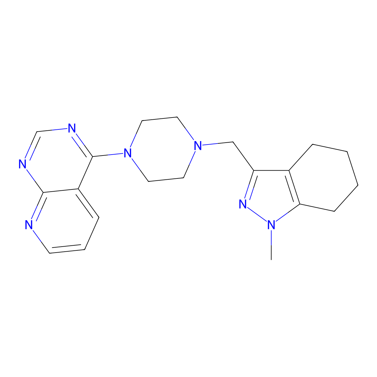 1-methyl-3-({4-[2-(pyridin-3-yl)ethyl]piperazin-1-yl}methyl)-4,5,6,7-tetrahydro-1H-indazole molecular structure, CAS 3054574-22-7