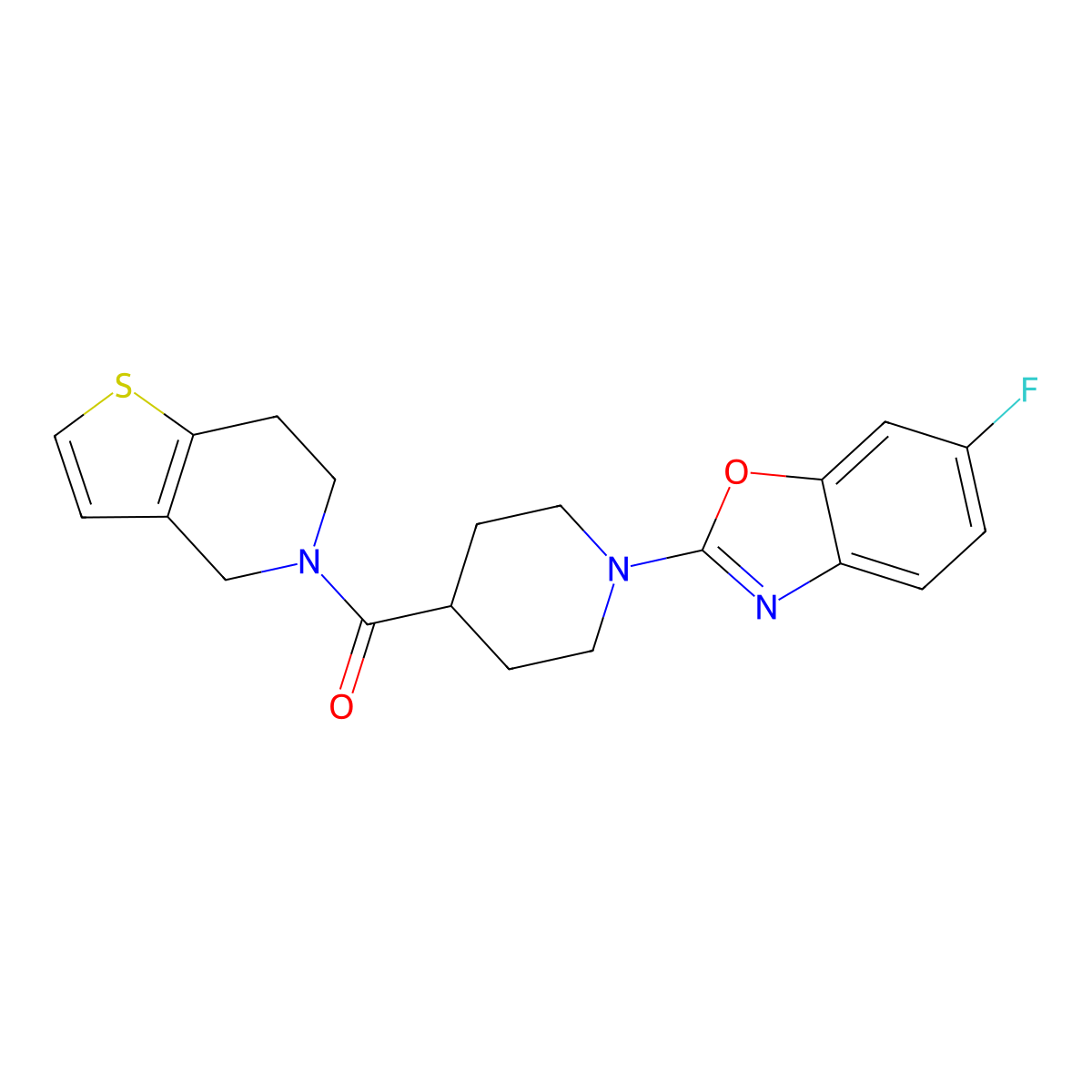 6-fluoro-2-(4-{4H,5H,6H,7H-thieno[3,2-c]pyridine-5-carbonyl}piperidin-1-yl)-1,3-benzoxazole molecular structure, CAS 3054574-27-2