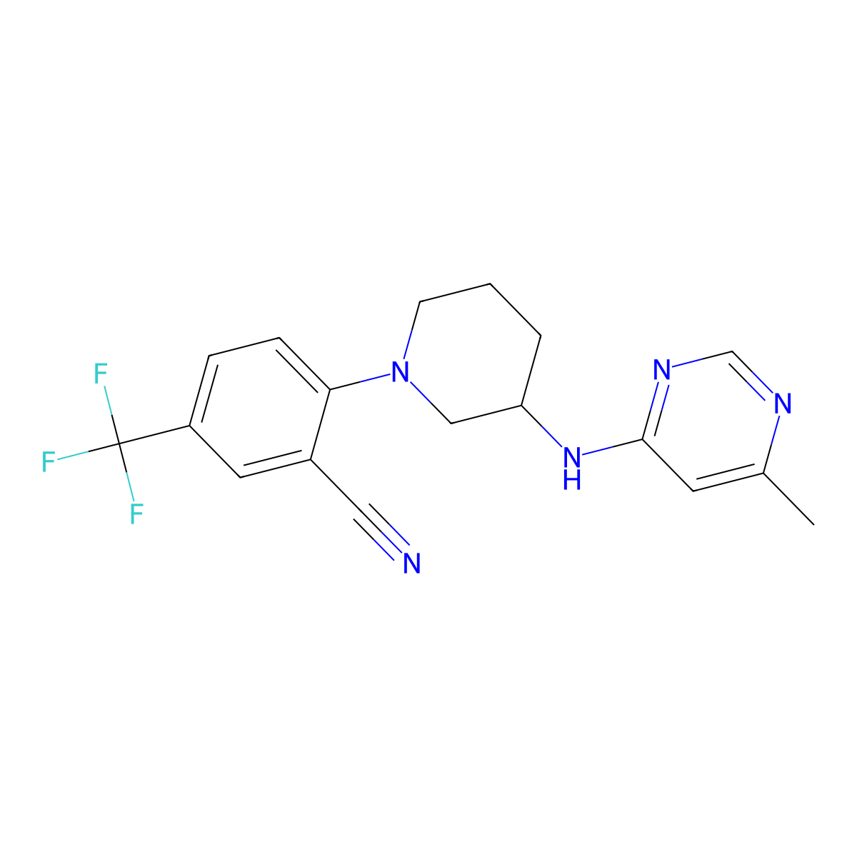 2-{3-[(6-Methylpyrimidin-4-yl)amino]piperidin-1-yl}-5-(trifluoromethyl)benzonitrile molecular structure, CAS 3054574-30-7