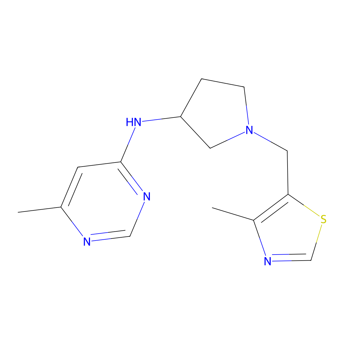 6-methyl-N-{1-[(4-methyl-1,3-thiazol-5-yl)methyl]pyrrolidin-3-yl}pyrimidin-4-amine molecular structure, CAS 3054574-44-3