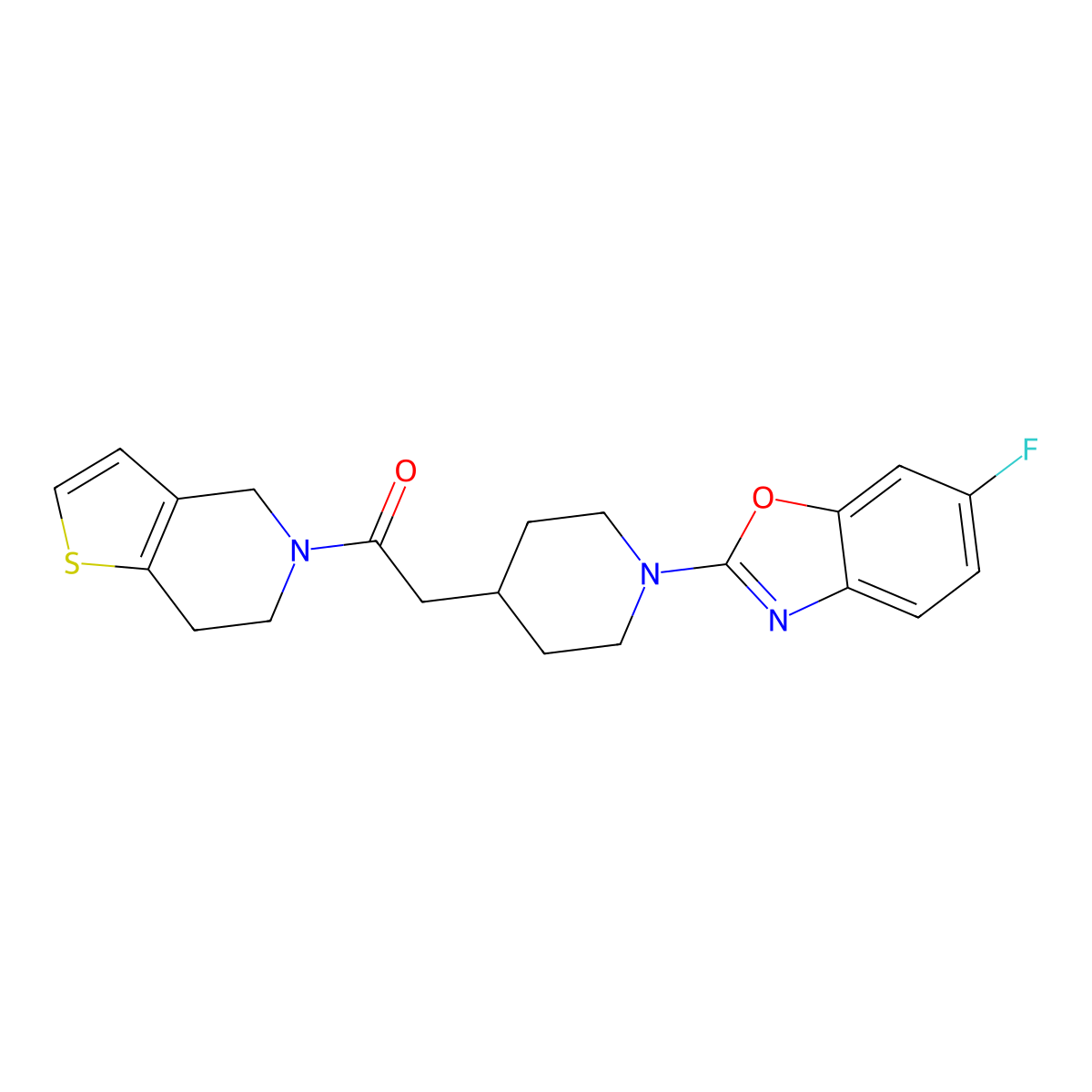 2-[1-(6-fluoro-1,3-benzoxazol-2-yl)piperidin-4-yl]-1-{4H,5H,6H,7H-thieno[3,2-c]pyridin-5-yl}ethan-1-one molecular structure, CAS 3054574-49-8