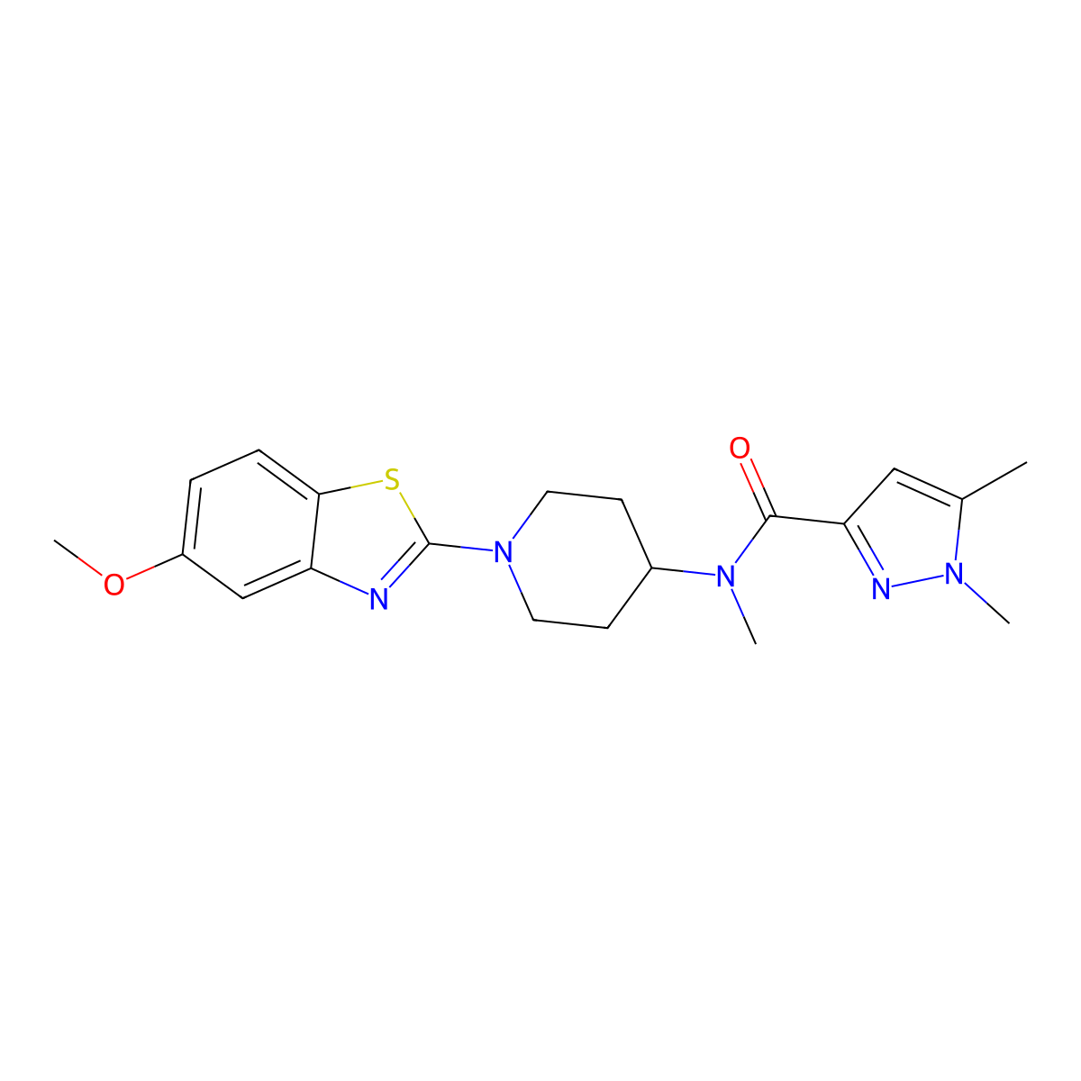 N-[1-(5-methoxy-1,3-benzothiazol-2-yl)piperidin-4-yl]-N,1,5-trimethyl-1H-pyrazole-3-carboxamide molecular structure, CAS 3054574-59-0
