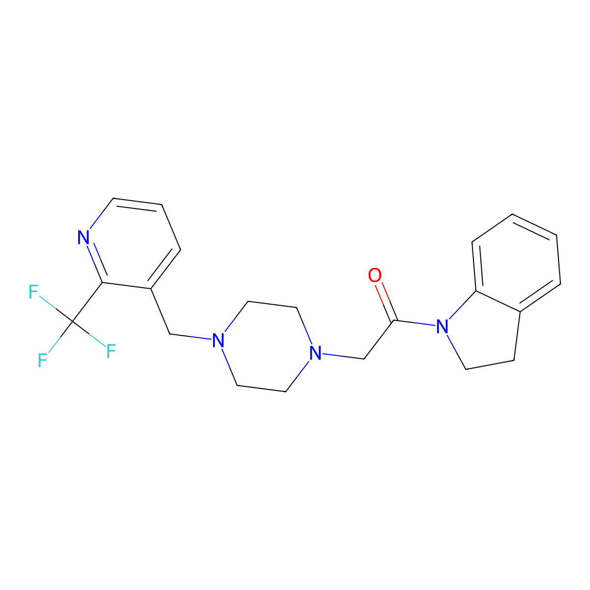 1-(2,3-dihydro-1H-indol-1-yl)-2-(4-{[2-(trifluoromethyl)pyridin-3-yl]methyl}piperazin-1-yl)ethan-1-one molecular structure, CAS 3054574-67-0