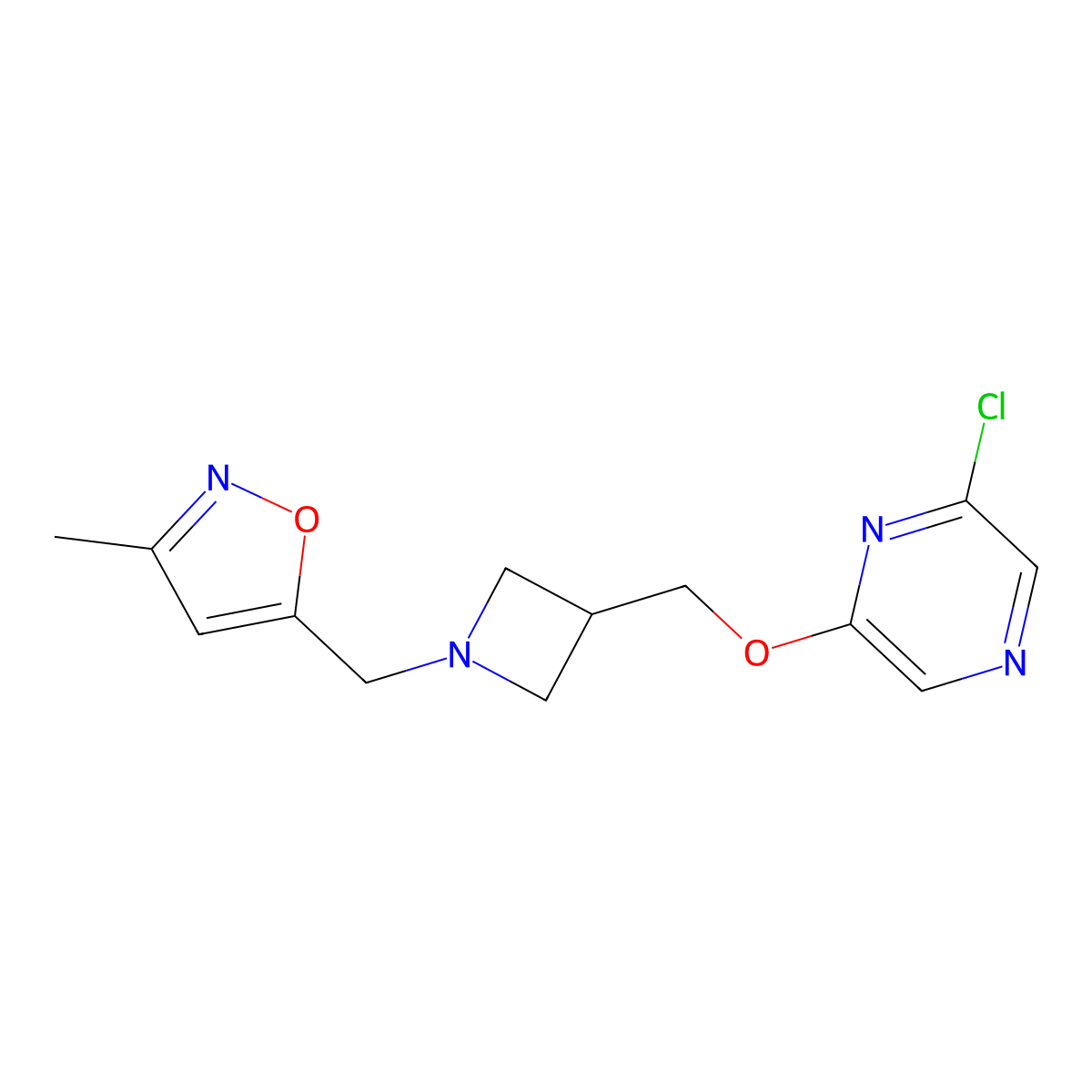 2-Chloro-6-({1-[(3-methyl-1,2-oxazol-5-yl)methyl]azetidin-3-yl}methoxy)pyrazine molecular structure, CAS 3054574-68-1
