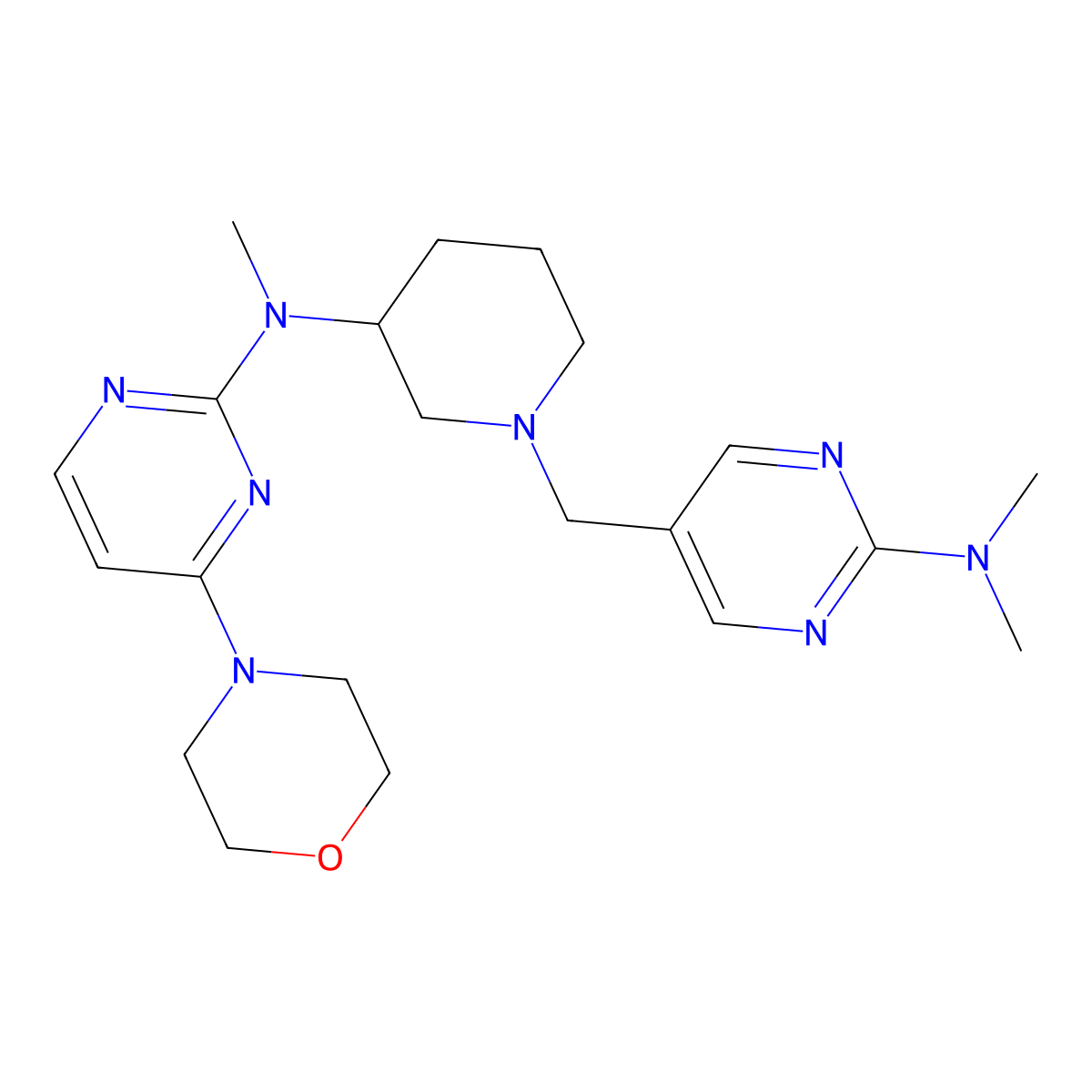 N-(1-{[2-(dimethylamino)pyrimidin-5-yl]methyl}piperidin-3-yl)-N-methyl-4-(morpholin-4-yl)pyrimidin-2-amine molecular structure, CAS 3054574-79-4