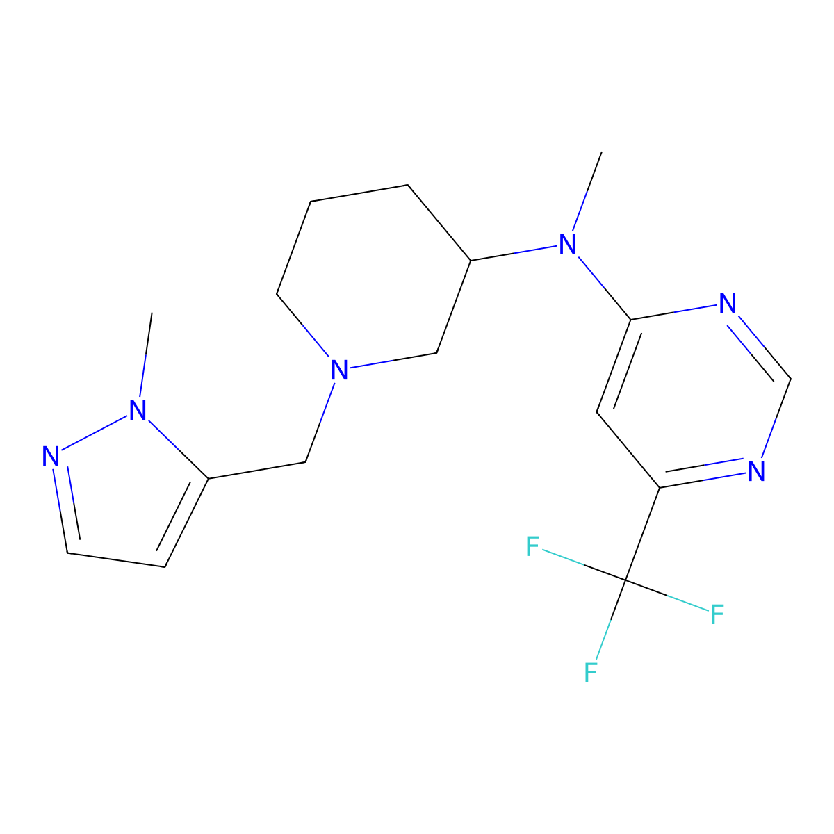 N-methyl-N-{1-[(1-methyl-1H-pyrazol-5-yl)methyl]piperidin-3-yl}-6-(trifluoromethyl)pyrimidin-4-amine molecular structure, CAS 3054574-80-7