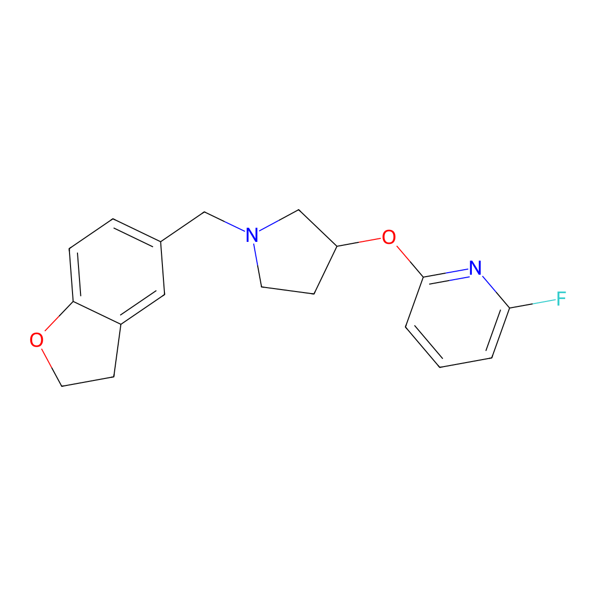 2-({1-[(2,3-Dihydro-1-benzofuran-5-yl)methyl]pyrrolidin-3-yl}oxy)-6-fluoropyridine molecular structure, CAS 3054574-84-1