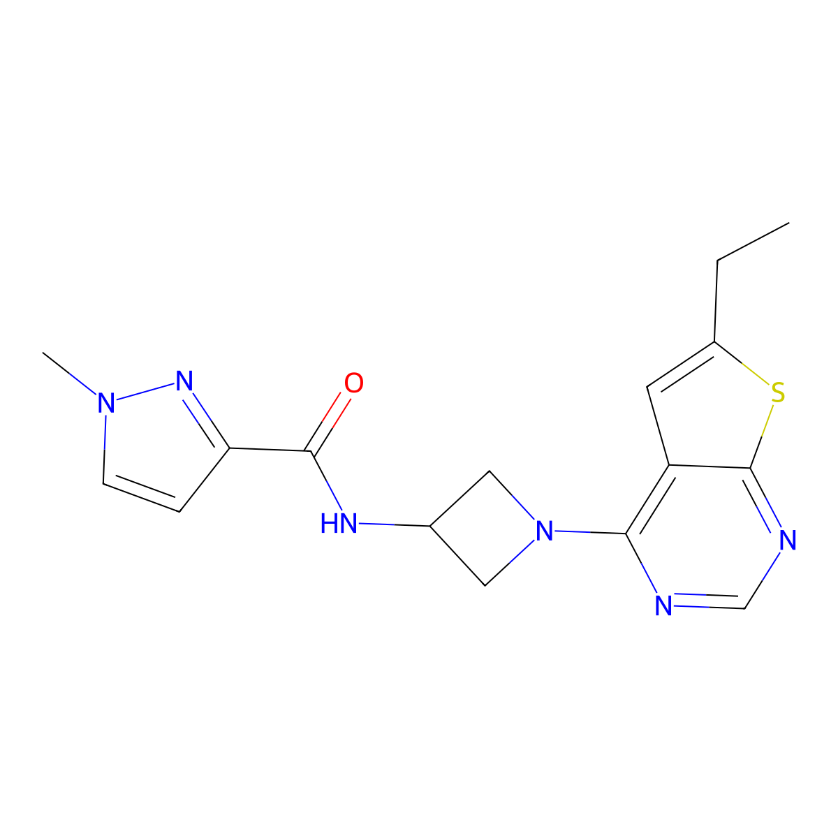 N-(1-{6-ethylthieno[2,3-d]pyrimidin-4-yl}azetidin-3-yl)-1-methyl-1H-pyrazole-3-carboxamide molecular structure, CAS 3054574-92-1