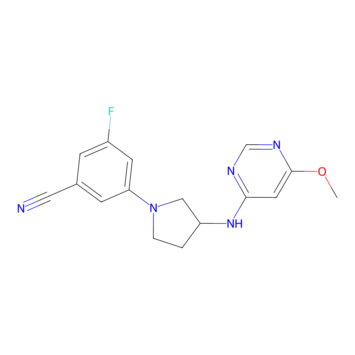 3-Fluoro-5-{3-[(6-methoxypyrimidin-4-yl)amino]pyrrolidin-1-yl}benzonitrile molecular structure, CAS 3054574-96-5