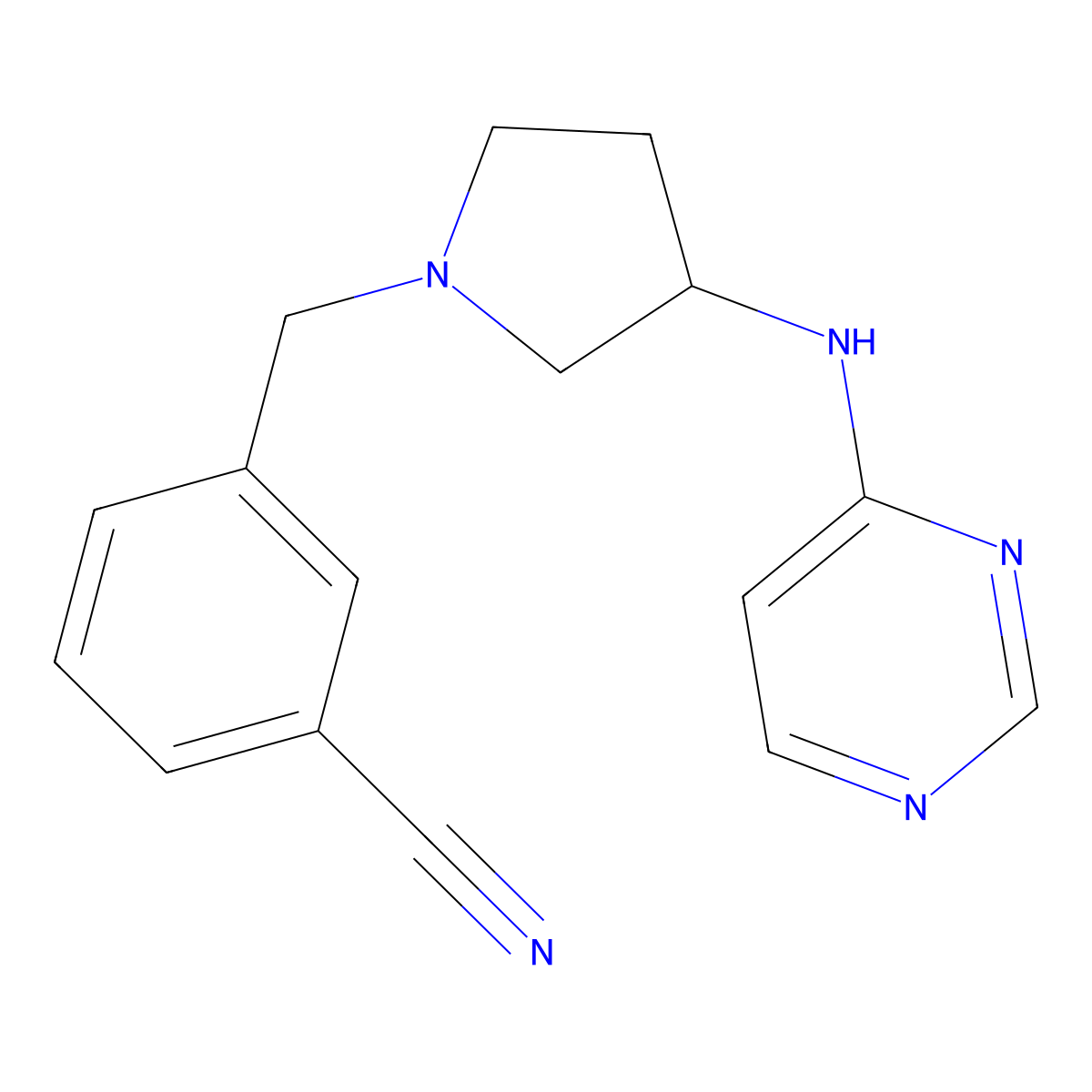 3-[[3-(Pyrimidin-4-ylamino)pyrrolidin-1-yl]methyl]benzonitrile molecular structure, CAS 3054574-98-7