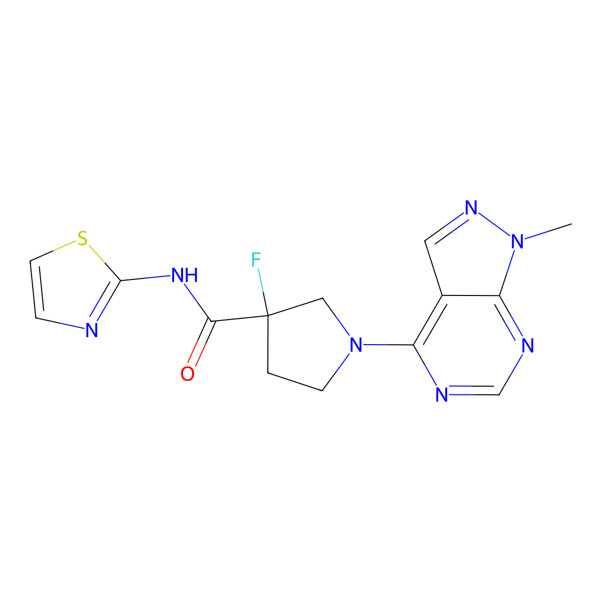 3-fluoro-1-{1-methyl-1H-pyrazolo[3,4-d]pyrimidin-4-yl}-N-(1,3-thiazol-2-yl)pyrrolidine-3-carboxamide molecular structure, CAS 3054574-99-8