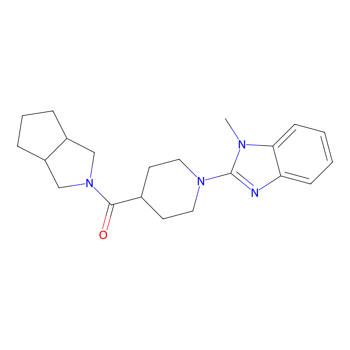 1-methyl-2-(4-{octahydrocyclopenta[c]pyrrole-2-carbonyl}piperidin-1-yl)-1H-1,3-benzodiazole molecular structure, CAS 3054575-01-5