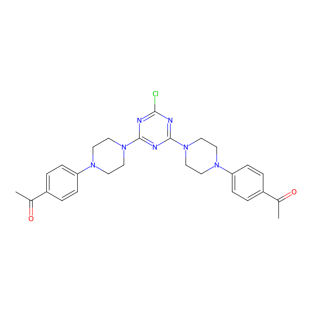 1-[4-(4-{4-[4-(4-Acetylphenyl)piperazin-1-yl]-6-chloro-1,3,5-triazin-2-yl}piperazin-1-yl)phenyl]ethan-1-one molecular structure, CAS 3054575-05-9
