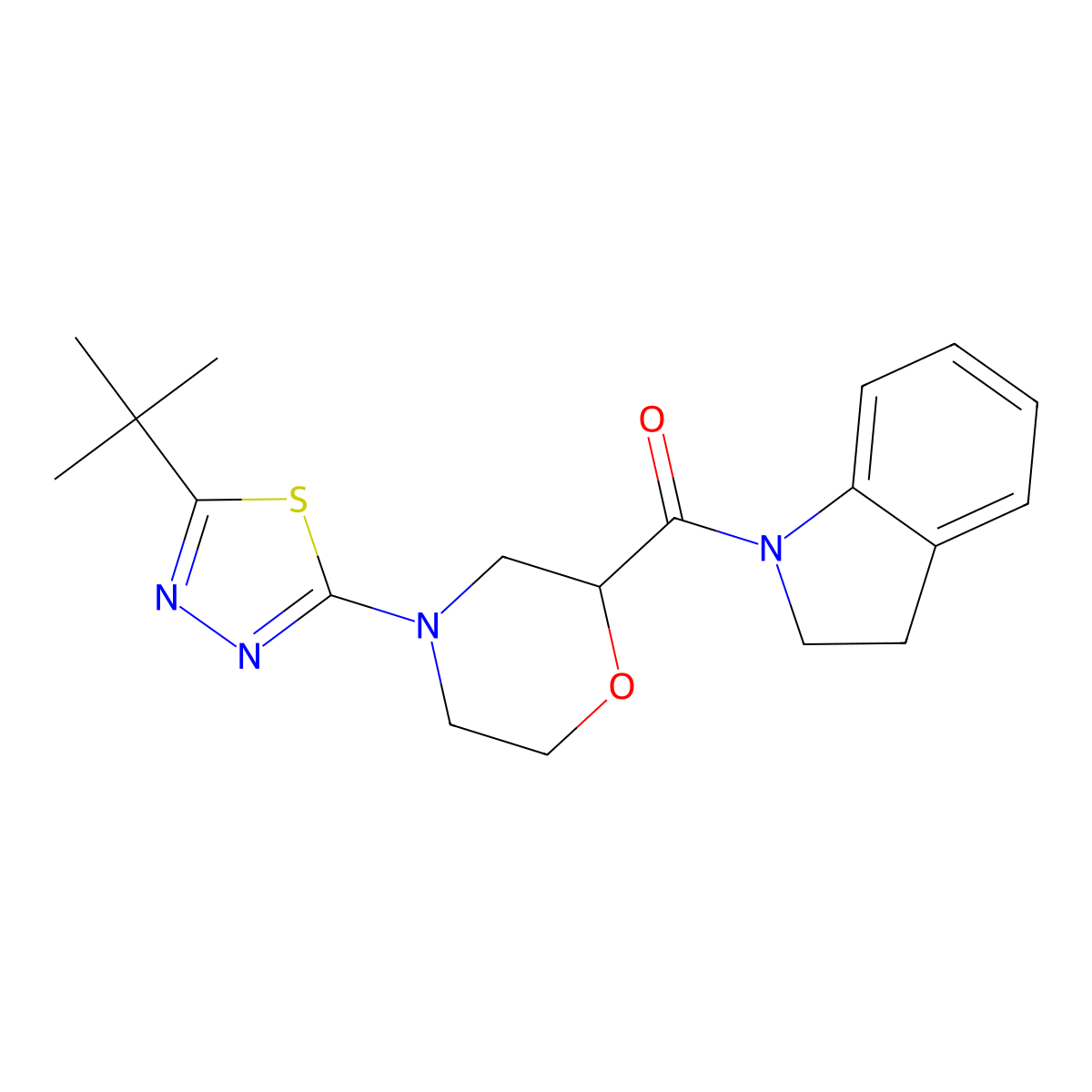 1-[4-(5-tert-butyl-1,3,4-thiadiazol-2-yl)morpholine-2-carbonyl]-2,3-dihydro-1H-indole molecular structure, CAS 3054575-14-0